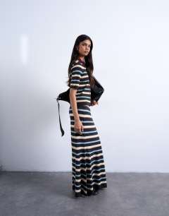 Model wearing Knitted ribbed multi stripe co-ord skirt in burgundy