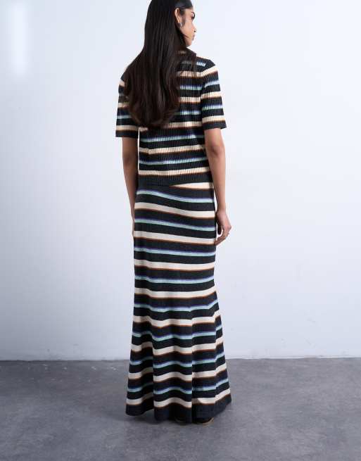 Topshop knitted ribbed multi stripe co-ord skirt in burgundy, 3 of 5