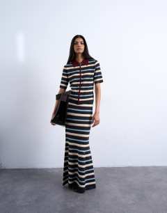 Model wearing Knitted ribbed multi stripe co-ord skirt in burgundy