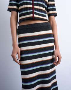 Model wearing Knitted ribbed multi stripe co-ord skirt in burgundy