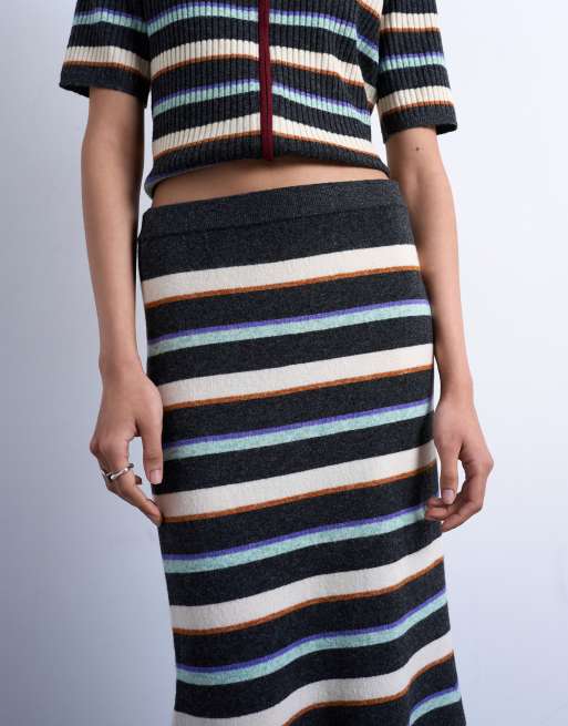 Topshop knitted ribbed multi stripe co-ord skirt in burgundy, 5 of 5