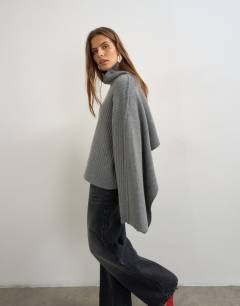 Knitted ribbed oversized cape detail jumper in coal