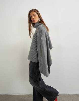 Topshop Knitted Ribbed Oversized Cape Detail Sweater In Gold