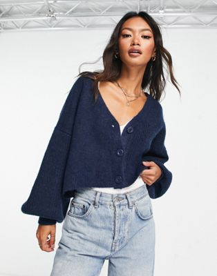 Topshop knitted ribbed panel crop cardi in blue