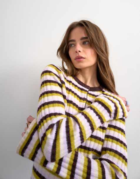 Topshop knitted ribbed stripe button cardigan in multi - view 1