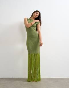 Knitted ribbed tassel maxi dress in green