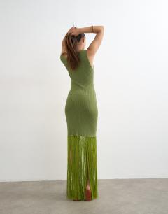 Model wearing Knitted ribbed tassel maxi dress in green
