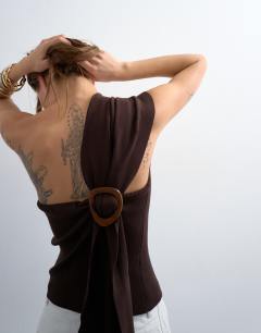 Knitted ribbed wrap scarf top in chocolate