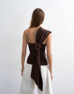 Model wearing Knitted ribbed wrap scarf top in chocolate