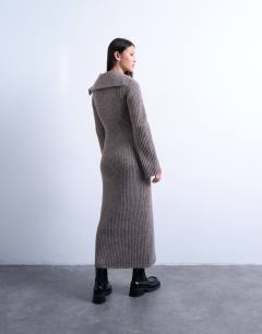 Model wearing Knitted ring zip midi dress in brown
