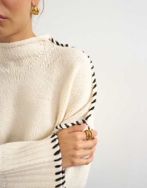 Topshop knitted roll edge blanket stitch jumper in ivory, 3 of 4