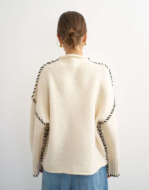 Topshop knitted roll edge blanket stitch jumper in ivory, 4 of 4
