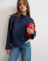 Topshop knitted roll edge blanket stitch jumper in navy