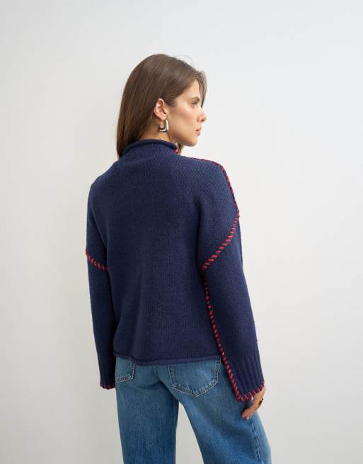 Topshop knitted roll edge blanket stitch jumper in navy, 4 of 4