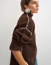 Topshop knitted roll edge blanket stitch jumper in pecan