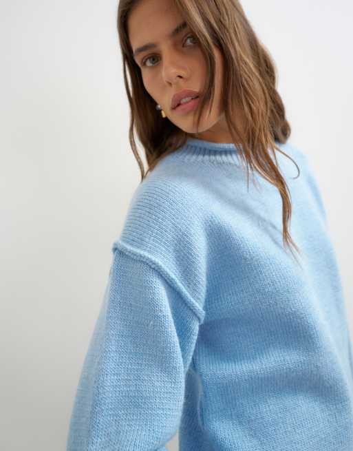 Topshop knitted roll edge chunky jumper in blue, 2 of 4