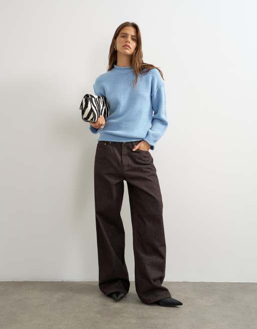 Topshop knitted roll edge chunky jumper in blue, 3 of 4