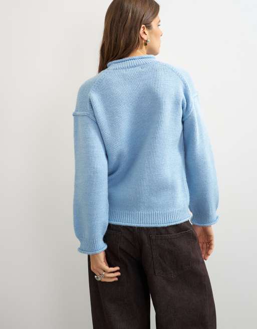 Topshop knitted roll edge chunky jumper in blue, 4 of 4
