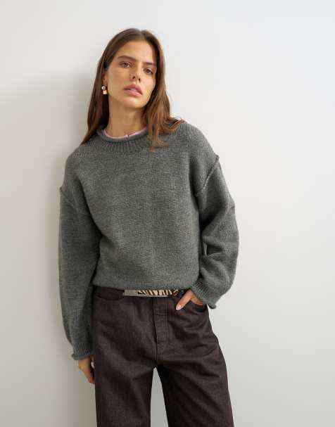 Topshop knitted roll edge chunky jumper in grey - view 1