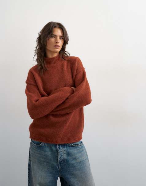 Topshop knitted roll edge longline chunky jumper in cinnamon - view 1