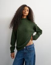 Topshop knitted roll edge longline chunky jumper in olive