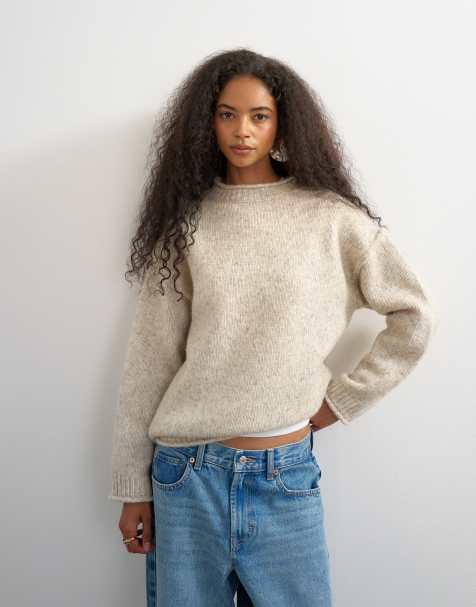 Topshop knitted roll edge relaxed fit jumper with wool in oat - view 1