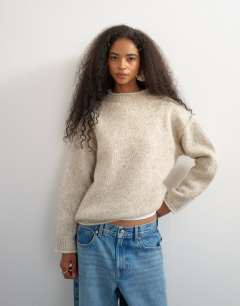 Knitted roll edge relaxed fit jumper with wool in oat