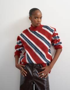 Knitted roll edge stripe jumper in red multi