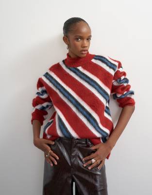 Topshop Knitted Roll Edge Stripe Sweater In Multi