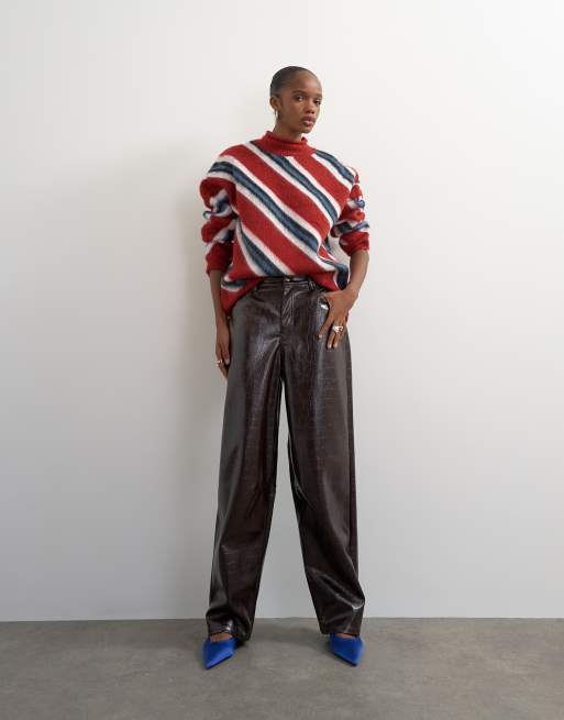 Topshop knitted roll edge stripe sweater in red multi, 2 of 4