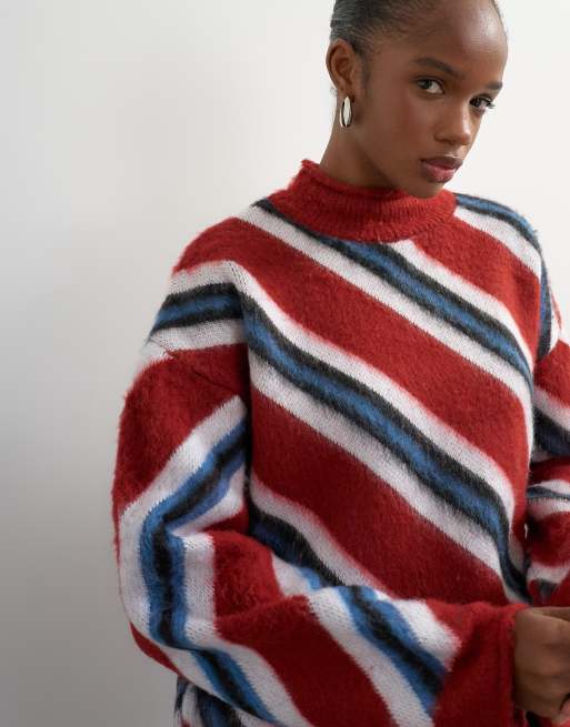 Topshop knitted roll edge stripe sweater in red multi, 3 of 4