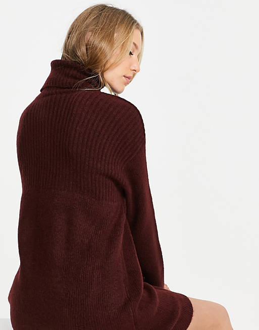  Topshop knitted roll neck dress in burgundy 
