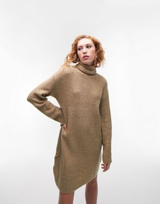 Topshop knitted roll neck dress in oat-Neutral