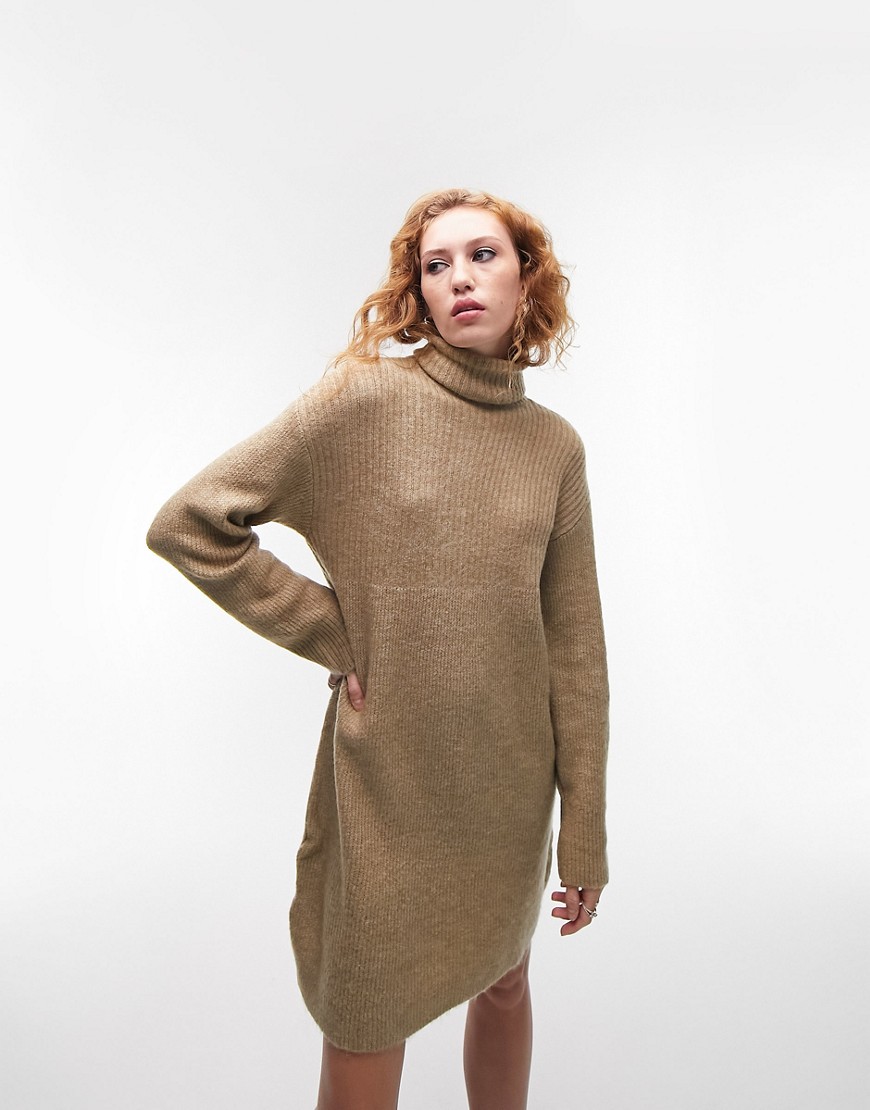 Topshop knitted roll neck dress in oat-Neutral