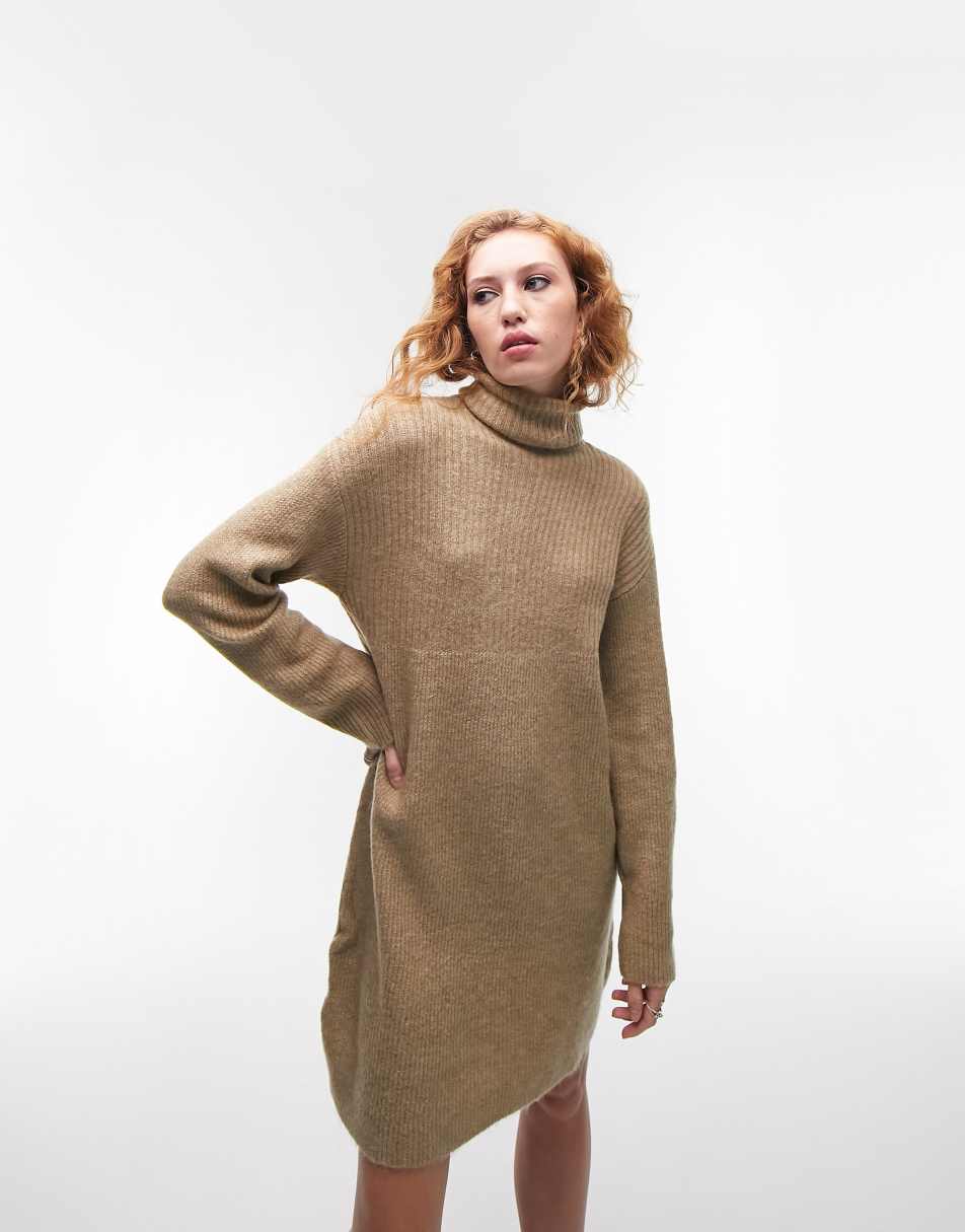 Topshop knitted roll neck dress in oat