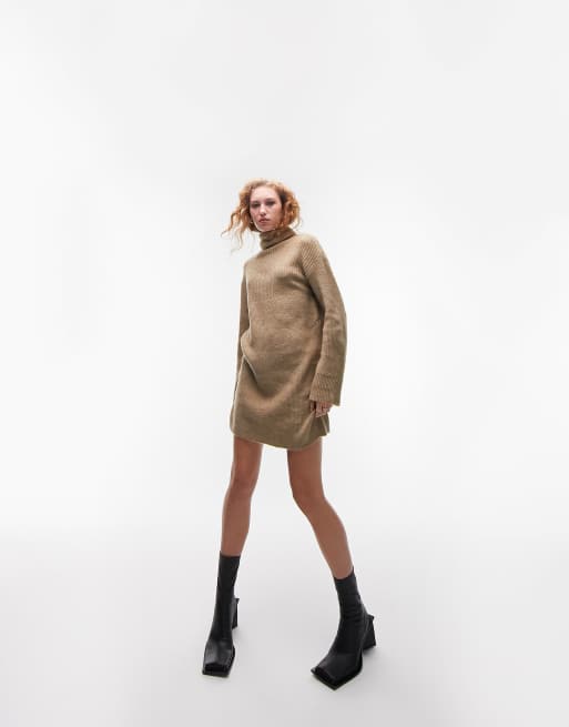 Topshop knitted roll neck dress in oat | ASOS