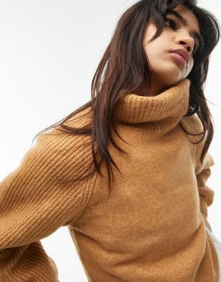 Topshop knitted roll neck jumper in camel