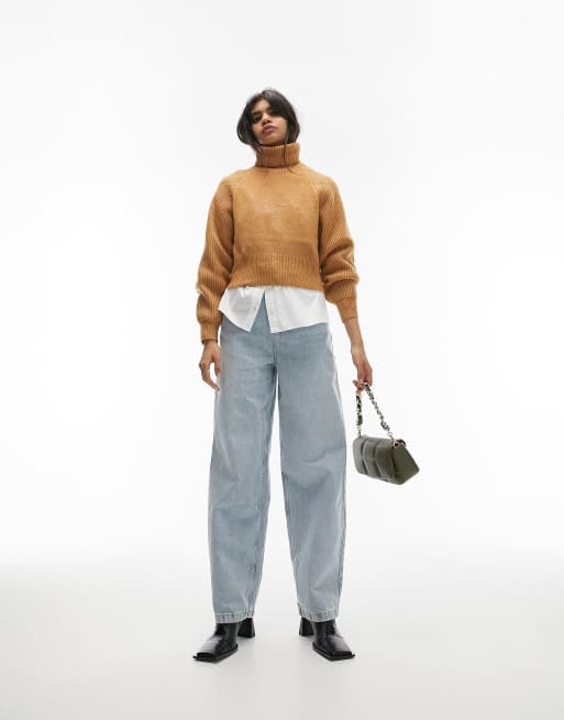 Topshop knitted roll neck jumper in camel | ASOS