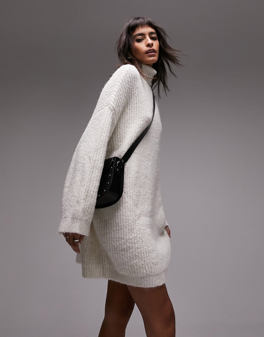 Topshop knitted roll neck mini dress in ivory-White