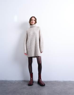 Knitted roll neck mini dress in oat
