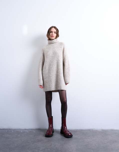 Topshop knitted roll neck mini dress in oat - view 1