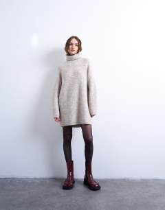 Knitted roll neck mini dress in oat