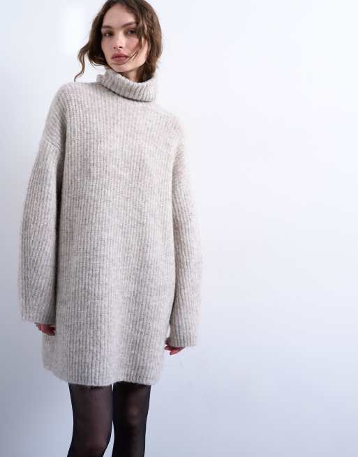 Topshop knitted roll neck mini dress in oat, 3 of 4
