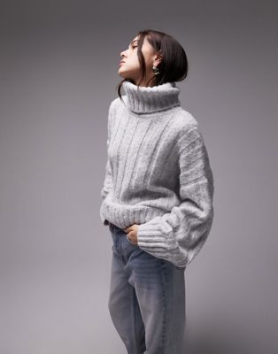 Topshop knitted roll neck wide rib jumper in grey - ASOS Price Checker