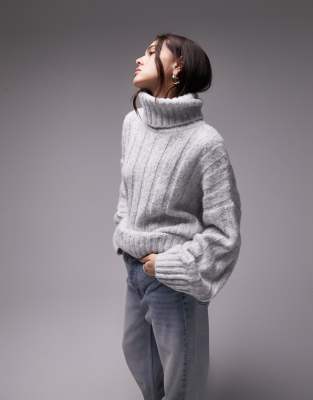 Topshop knitted roll neck wide rib jumper in grey