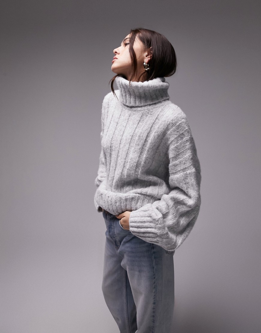 Topshop knitted roll neck wide rib jumper in grey