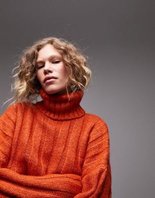Topshop knitted roll neck wide rib jumper in rust