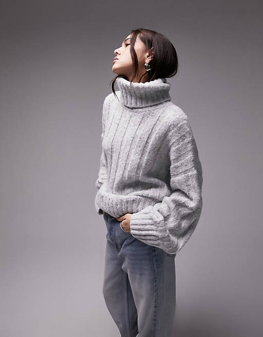 Topshop knitted roll neck wide rib sweater in gray