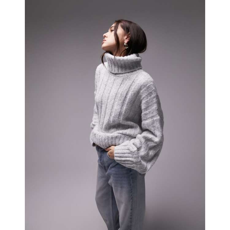 Topshop knitted roll neck wide rib sweater in gray