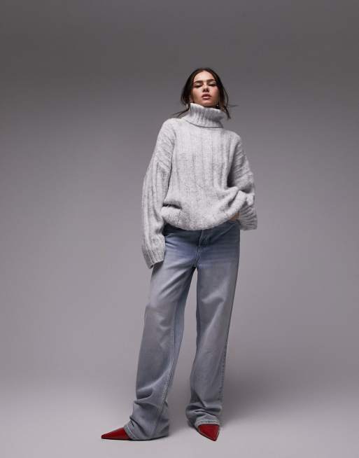 Topshop knitted roll neck wide rib sweater in gray